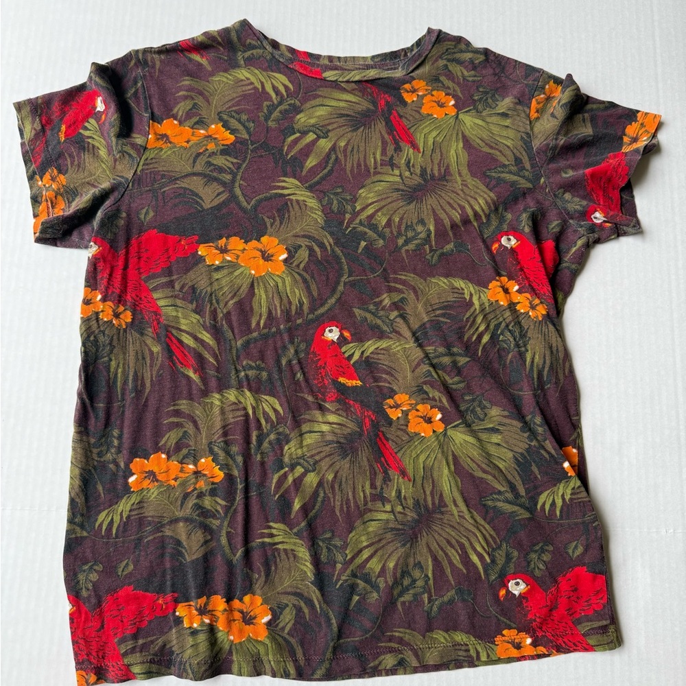 H&M Vibrant Red and Green Short Sleeve Tee with Tropical Print
